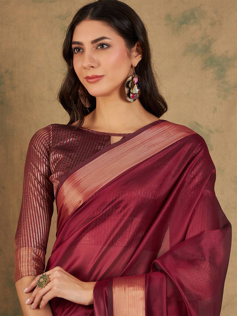 Maroon organza dual  toned shaded ombre banarasi woven saree with blouse piece