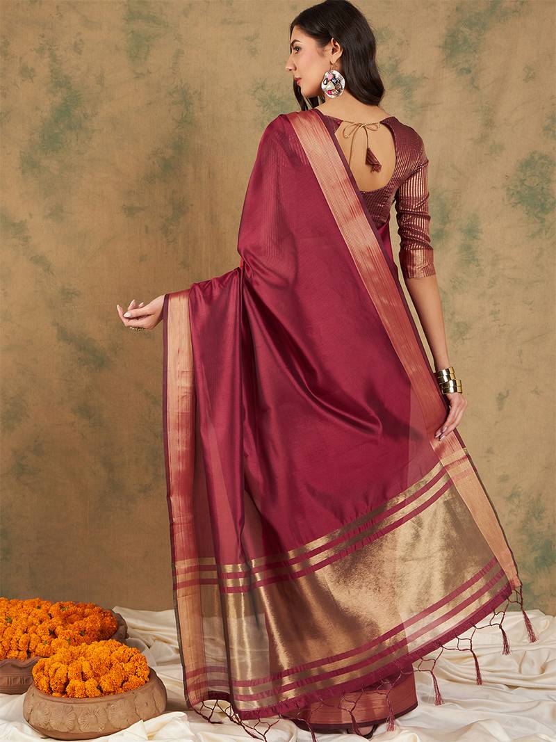 Maroon organza dual  toned shaded ombre banarasi woven saree with blouse piece