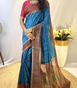 Firozi karela Chanderi Bland Digital Print beautiful Border saree with Blouse