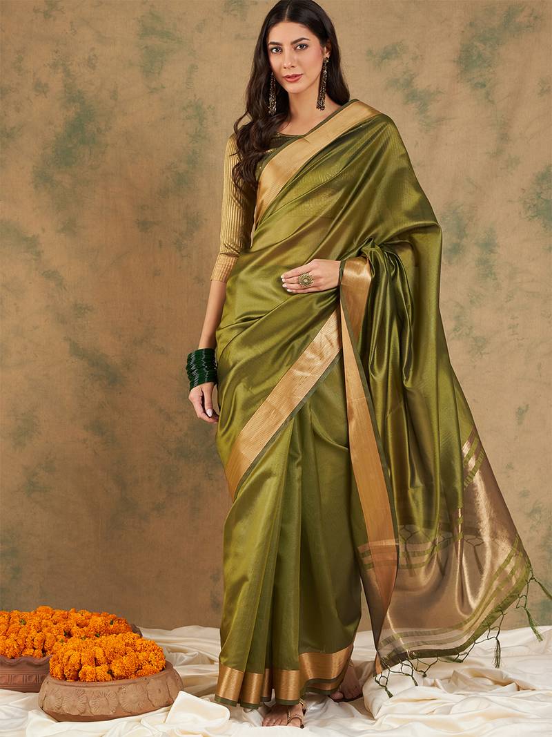 Green organza dual  toned shaded ombre banarasi woven saree with blouse piece