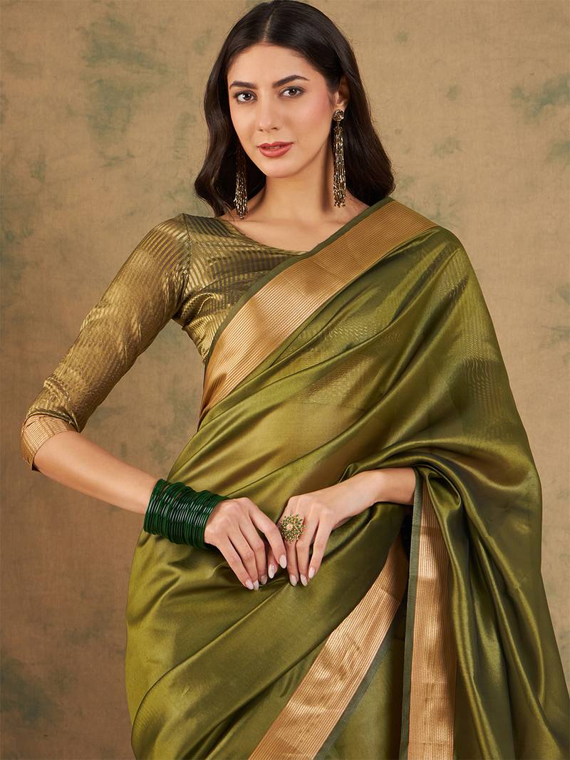 Green organza dual  toned shaded ombre banarasi woven saree with blouse piece