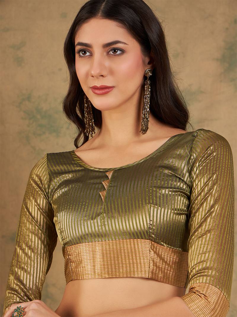 Green organza dual  toned shaded ombre banarasi woven saree with blouse piece