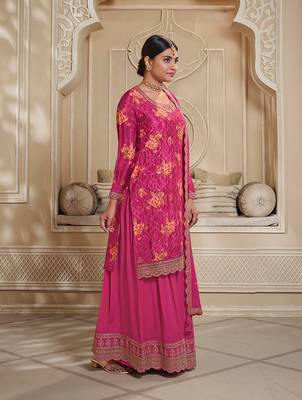 Trendy Designer Fancy Digital Chinon Silk Sharara Salwar Suit Semi Stitched Embroidery Work 2