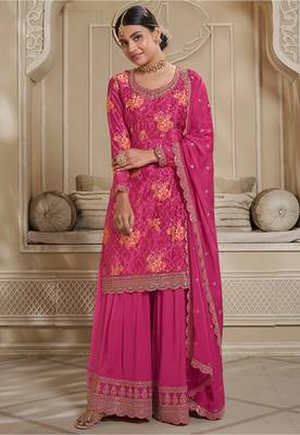 Trendy Designer Fancy Digital Chinon Silk Sharara Salwar Suit Semi Stitched Embroidery Work 1