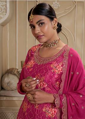 Trendy Designer Fancy Digital Chinon Silk Sharara Salwar Suit Semi Stitched Embroidery Work 3