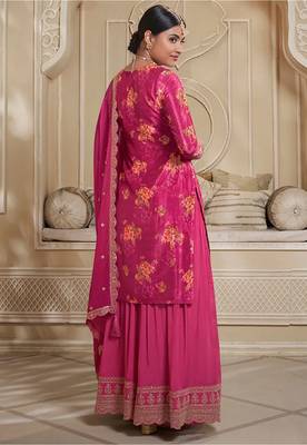 Trendy Designer Fancy Digital Chinon Silk Sharara Salwar Suit Semi Stitched Embroidery Work 4