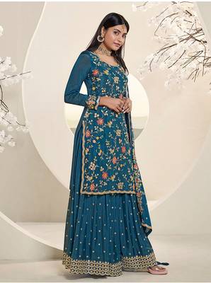 Trendy Designer Fancy Chinon Silk Blue Sharara Salwar Suit Semi Stitched Embroidery Work 2