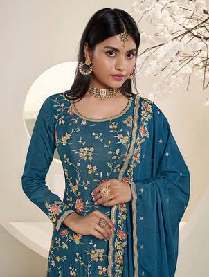 Trendy Designer Fancy Chinon Silk Blue Sharara Salwar Suit Semi Stitched Embroidery Work 3