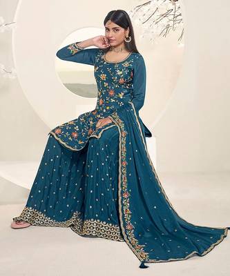 Trendy Designer Fancy Chinon Silk Blue Sharara Salwar Suit Semi Stitched Embroidery Work 1
