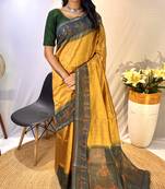 Yellow karela Chanderi Bland Digital Print beautiful Border saree with Blouse