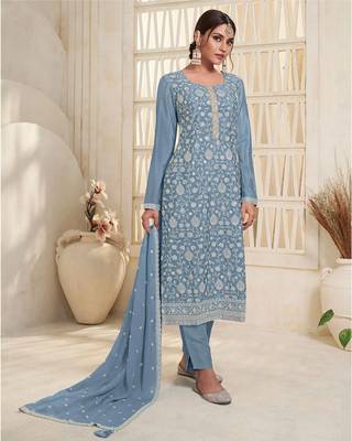 Trendy Designer Fancy Chiffon Silk Blue Salwar Suit Semi Stitched Embroidery Work 1