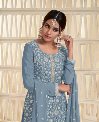 Trendy Designer Fancy Chiffon Silk Blue Salwar Suit Semi Stitched Embroidery Work 2
