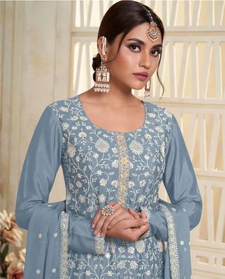 Trendy Designer Fancy Chiffon Silk Blue Salwar Suit Semi Stitched Embroidery Work 3