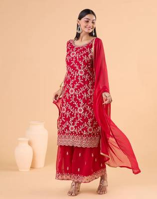 Faux Georgette Red Sharara Salwar Suit Embroidery Work 1