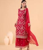 Trendy Faux Georgette Red Sharara Salwar Suit Embroidery Work