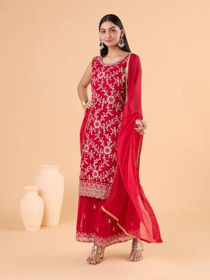 Faux Georgette Red Sharara Salwar Suit Embroidery Work 2