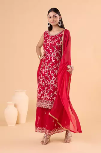 Faux Georgette Red Sharara Salwar Suit Embroidery Work