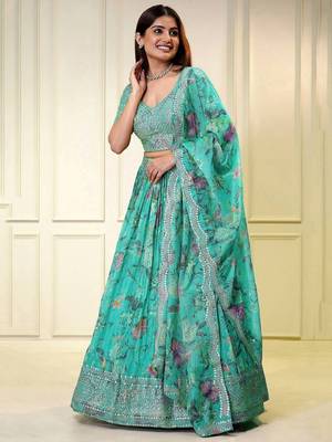 Fascinating Blue Sequins Embroidered Floral Printed Organza Reception Wear Lehenga Choli 1