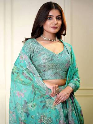 Fascinating Blue Sequins Embroidered Floral Printed Organza Reception Wear Lehenga Choli 3
