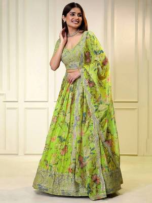 Neon Green Sequins Embroidered Organza Floral Party Wear Indian Dress Lehenga Choli 1