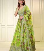 Neon Green Sequins Embroidered Organza Floral Party Wear Indian Dress Lehenga Choli
