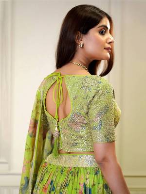 Neon Green Sequins Embroidered Organza Floral Party Wear Indian Dress Lehenga Choli 5