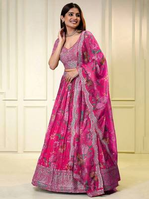  Pink Sequins Embroidered With Floral Printed Organza Designer Lehenga Choli Designs 1