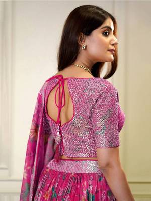  Pink Sequins Embroidered With Floral Printed Organza Designer Lehenga Choli Designs 5