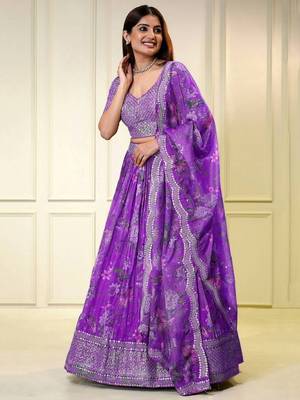 Incredible Purple Sequins Embroidered Organza Designer Indian Floral Lehenga Dress 1