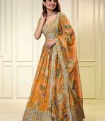 Alluring Orange Floral Digital Printed Sequins Embroidered Organza Designer Indian Wedding Lehenga Choli