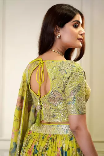  Yellow Sequins Embroidered Organza Floral Traditional Indian Lehenga Choli Designs