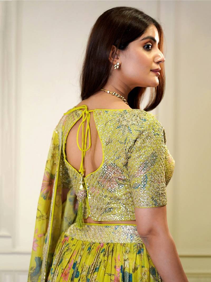  Yellow Sequins Embroidered Organza Floral Traditional Indian Lehenga Choli Designs