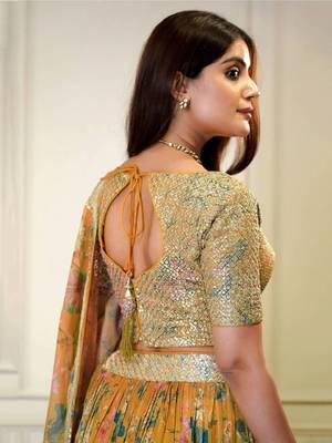 Alluring Orange Floral Digital Printed Sequins Embroidered Organza Designer Indian Wedding Lehenga Choli 5