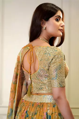 Alluring Orange Floral Digital Printed Sequins Embroidered Organza Designer Indian Wedding Lehenga Choli