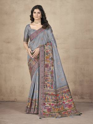 Grey Pashimina Silk Zari & Multi Thread Embroidered Indian Saree 1