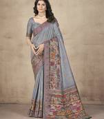 Grey Pashimina Silk Zari & Multi Thread Embroidered Indian Saree