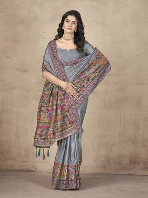 Grey Pashimina Silk Zari & Multi Thread Embroidered Indian Saree 2