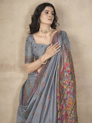 Grey Pashimina Silk Zari & Multi Thread Embroidered Indian Saree 3
