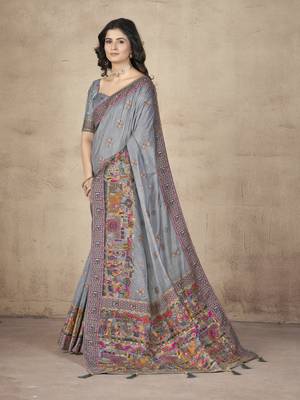 Grey Pashimina Silk Zari & Multi Thread Embroidered Indian Saree 4