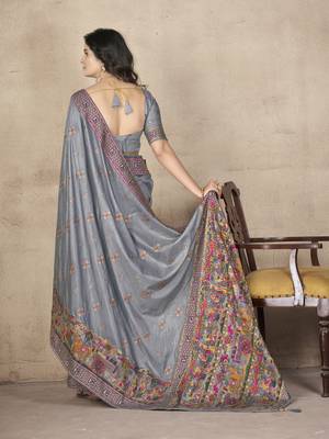 Grey Pashimina Silk Zari & Multi Thread Embroidered Indian Saree 5