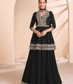Black chinon silk embroidery indowestern skirt, top & dupatta set