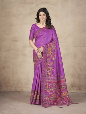  Purple Pashimina Silk Hand Work & Thread Embroidered Bridal Saree 1
