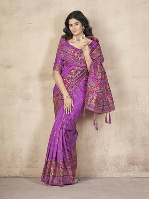  Purple Pashimina Silk Hand Work & Thread Embroidered Bridal Saree 2