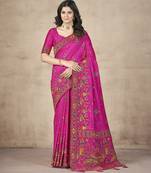Dark Pink Pashimina Silk Thread Embroidered Party Wear Saree