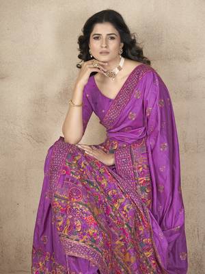  Purple Pashimina Silk Hand Work & Thread Embroidered Bridal Saree 3