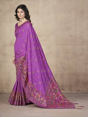  Purple Pashimina Silk Hand Work & Thread Embroidered Bridal Saree 4