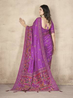  Purple Pashimina Silk Hand Work & Thread Embroidered Bridal Saree 5