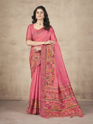 Pink Pashimina Silk Thread Embroidered Indian Wedding Saree 1