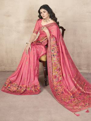 Pink Pashimina Silk Thread Embroidered Indian Wedding Saree 2