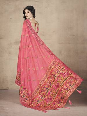 Pink Pashimina Silk Thread Embroidered Indian Wedding Saree 3